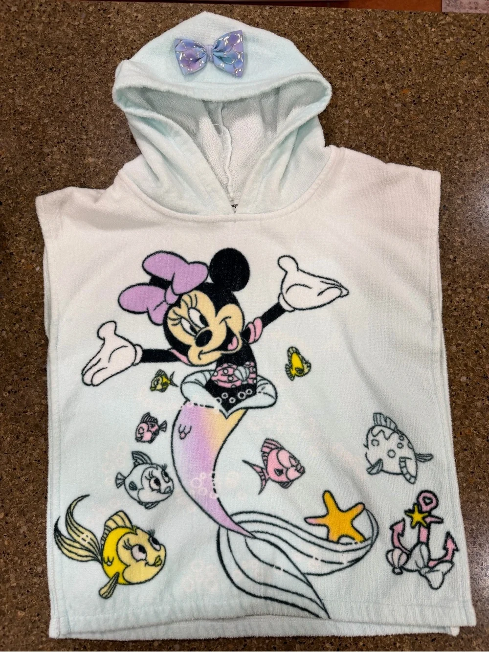 Disney White Hooded Minnie Mermaid Poncho with Pastel Accents